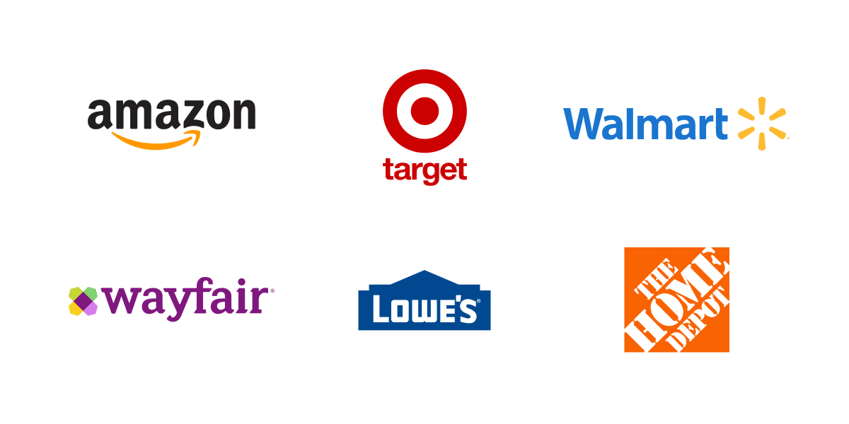 Logos of top marketplaces: Amazon, Target, Walmart, Wayfair, and Home Depot, indicating multi-platform expertise